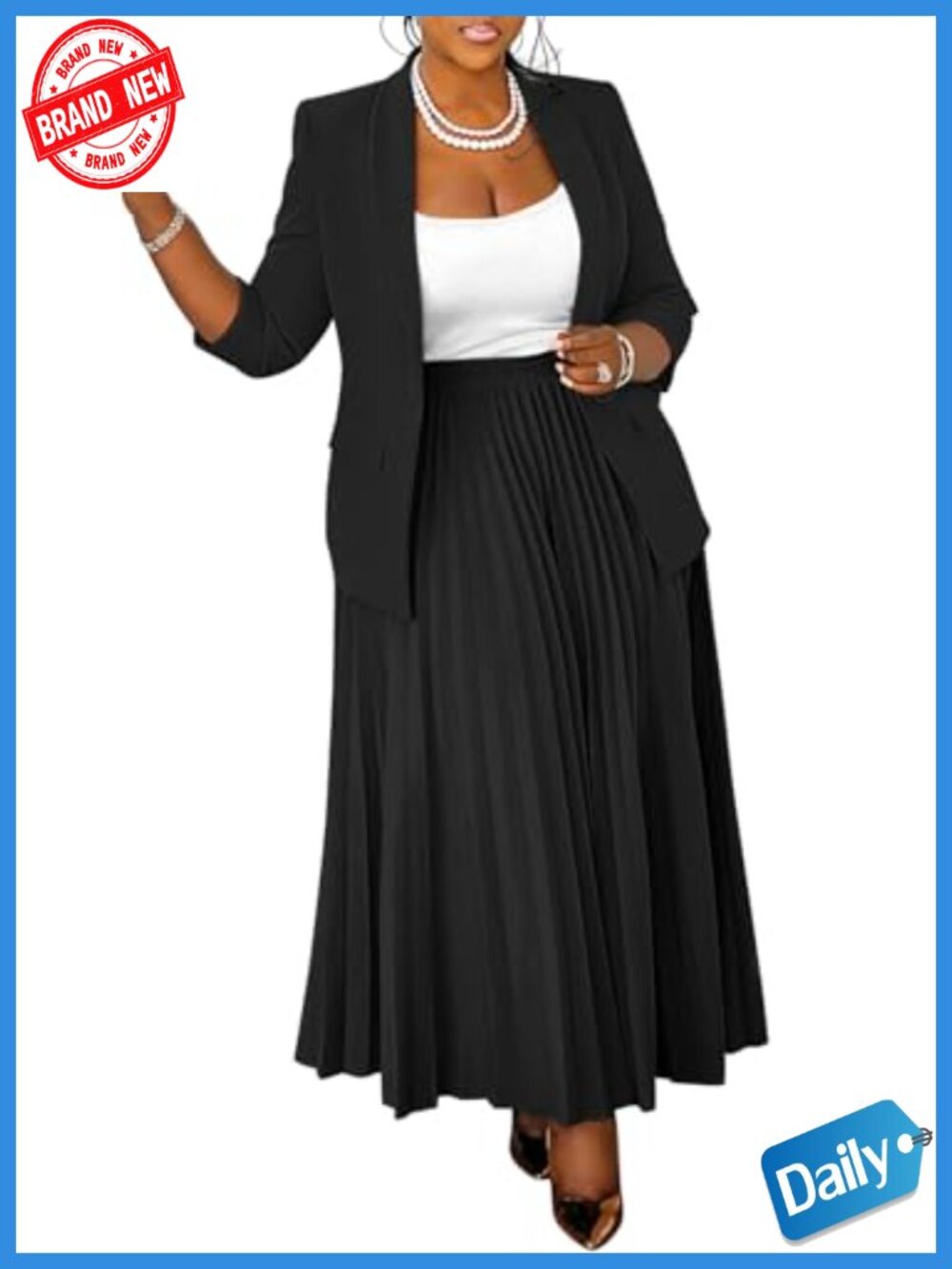 Plus Size 2 Piece Outfit Open Front Blazer High Waist Pleated Maxi Skirt Set